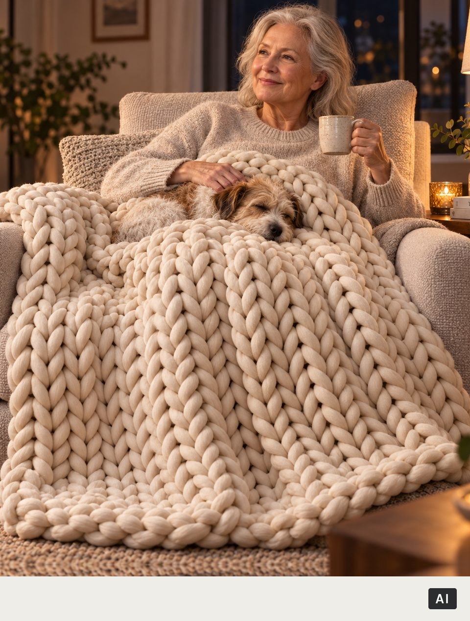 Knussie in Beige in een fauteuil, met de hond (met AI gemaakt beeld)