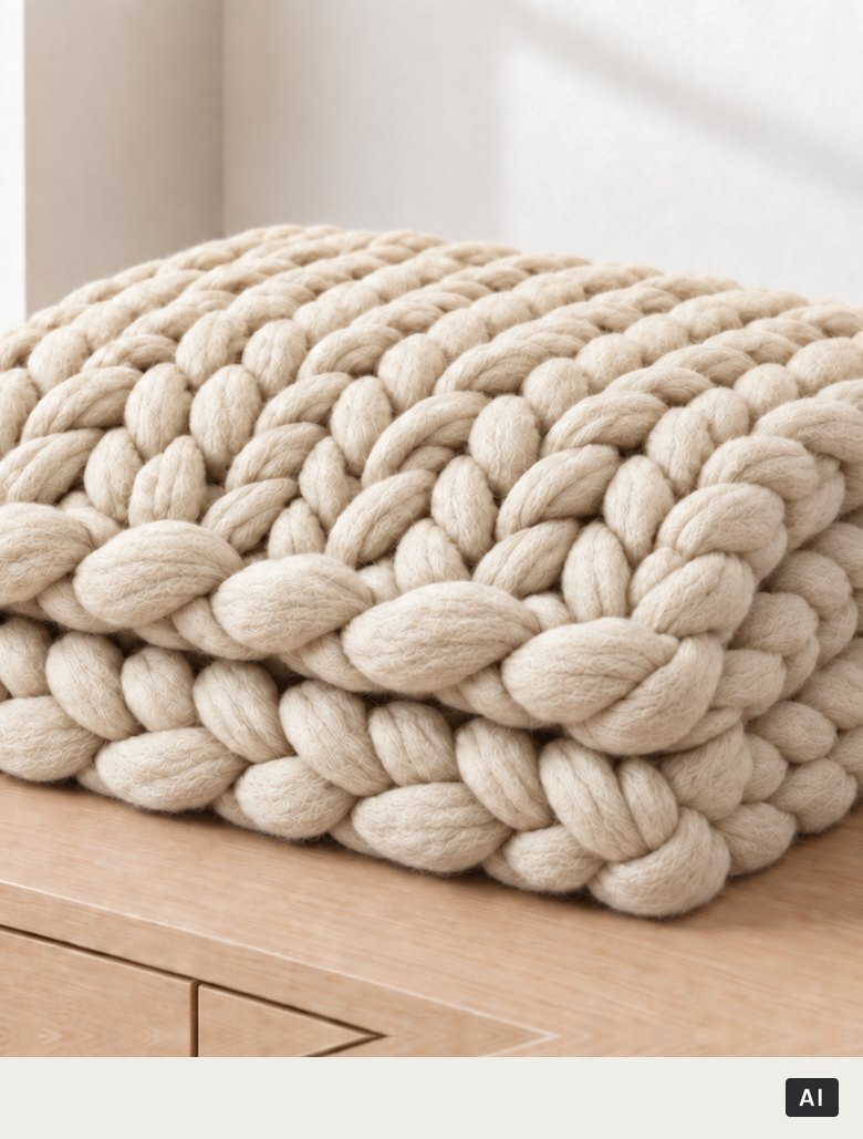 Knussie in Beige, opgevouwen op een dressoir (met AI gemaakt beeld)
